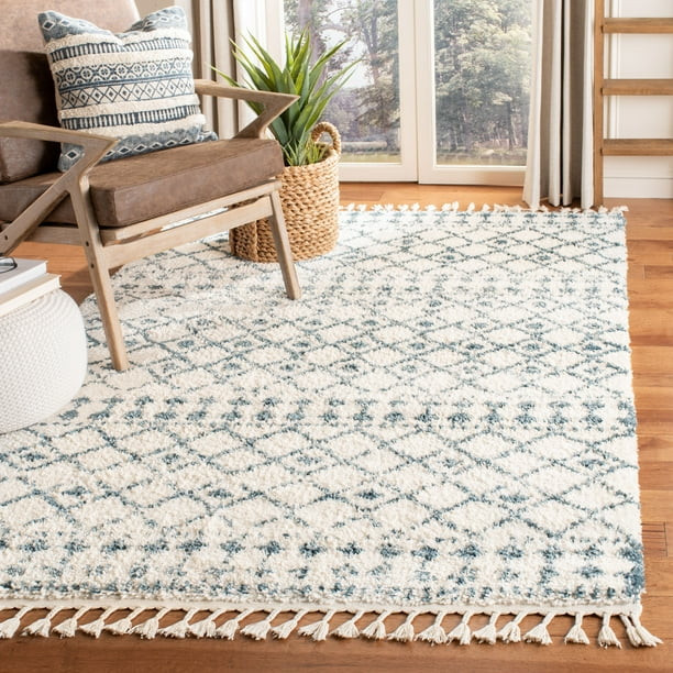 SAFAVIEH Berber Fringe Robynne Aztec Shag Area Rug, Cream/Blue, 9' x 12' - Walmart.com | Walmart (US)