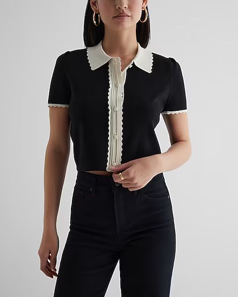 Scalloped Trim Cropped Polo Cardigan | Express