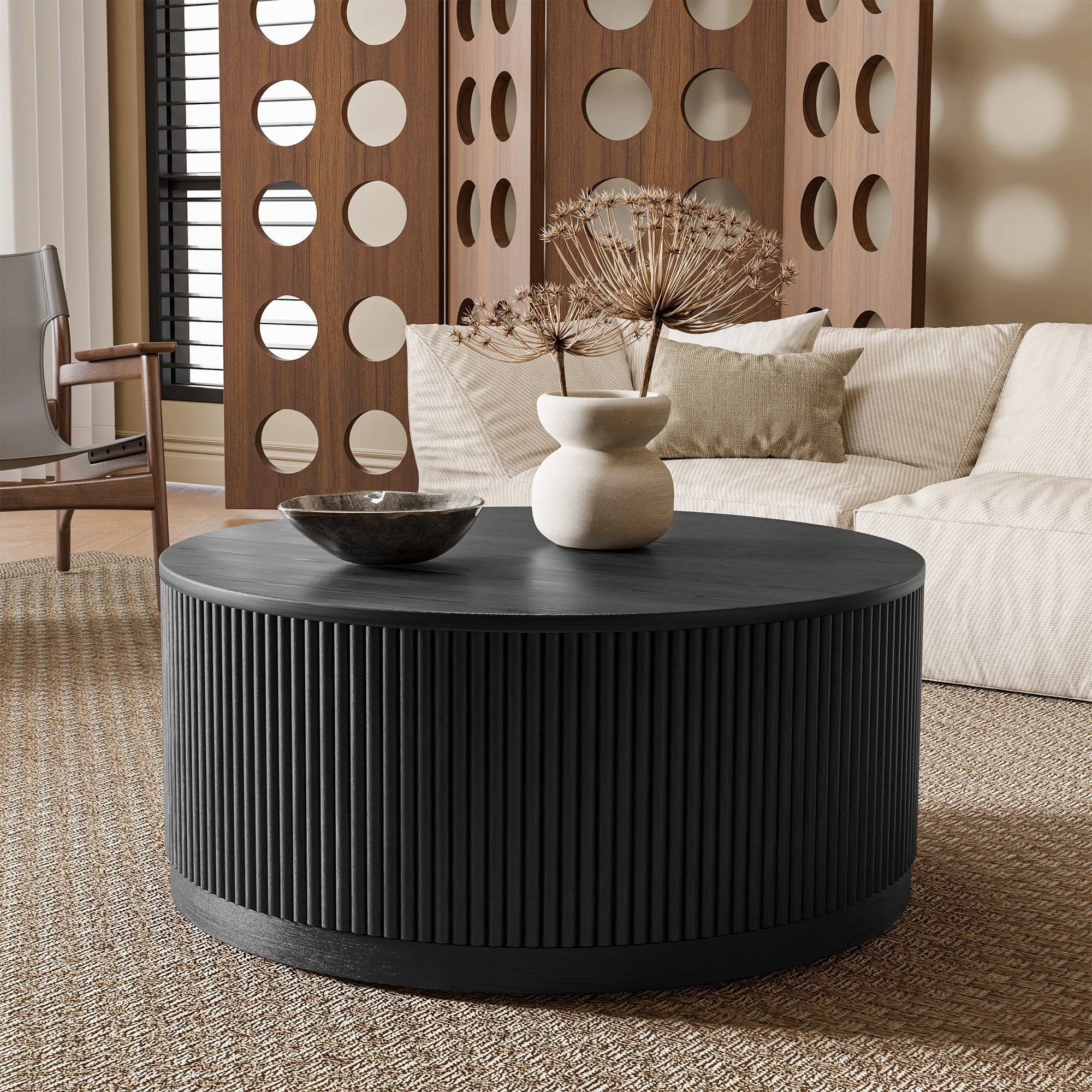 36" Round Fluted Coffee Table Solid Wood Drum Table with Fluted Design | Wayfair North America