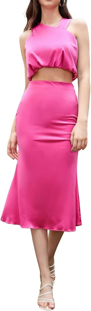 Kate Kasin Women's 2 Piece Satin Outfits Sleeveless Crop Top High Waist Midi Skirt Set for Women ... | Amazon (US)