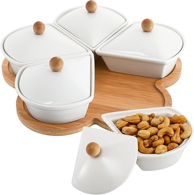 Yarlung Ceramic Divided Serving Dishes with Lids and Bamboo Platter, 5 Removable Dipping Bowls Re... | Amazon (US)
