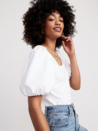 Fitted Puff-Sleeve Paneled Rib-Knit T-Shirt for Women | Old Navy (US)