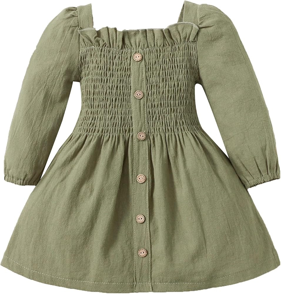 Toddler Baby Girl Casual Dress Kid Girl Long Sleeve Smocked Dress Square Neck Solid Dress Vintage Pl | Amazon (US)