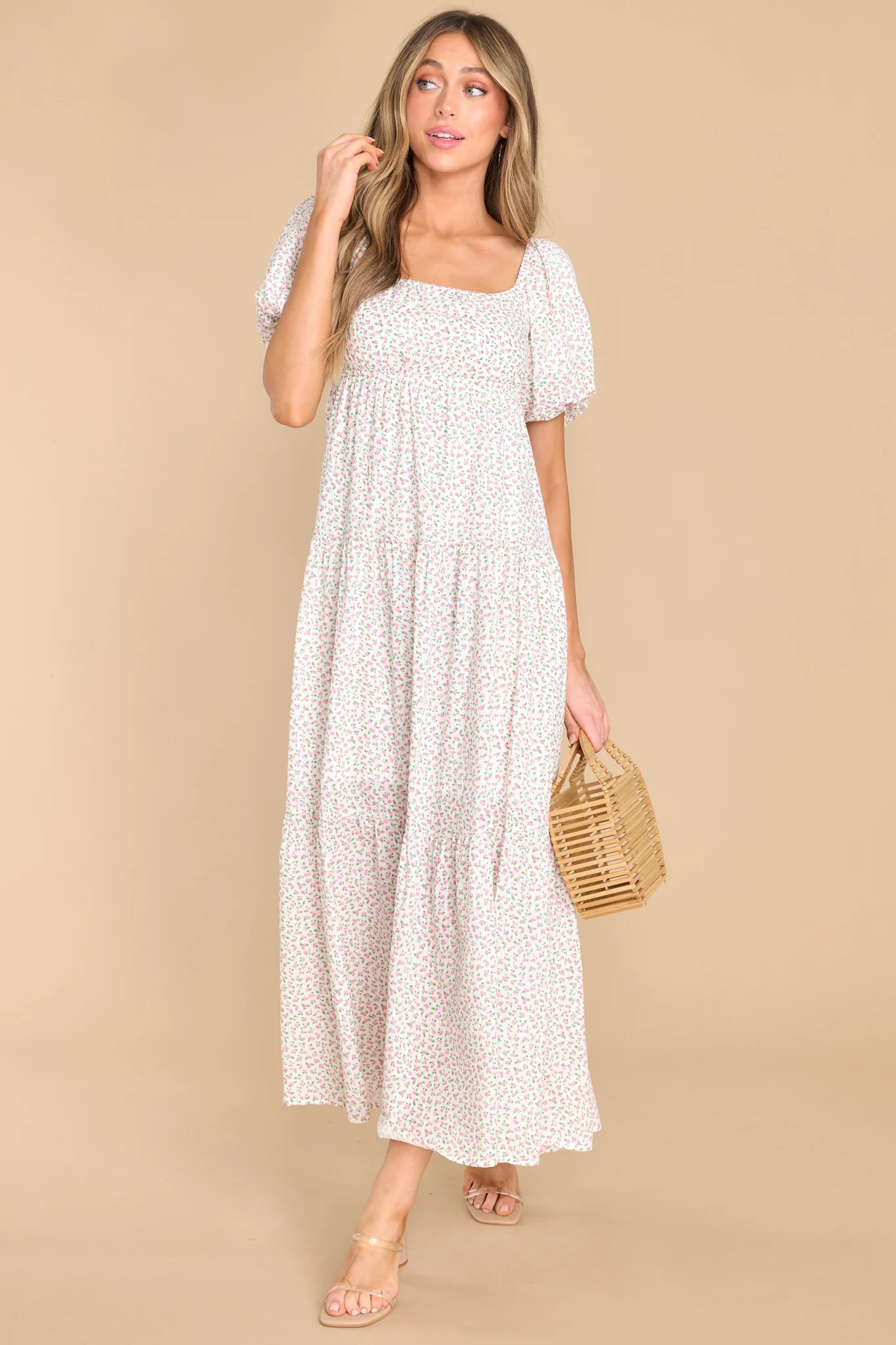 Stay Centered Ivory Floral Print Maxi Dress | Red Dress 