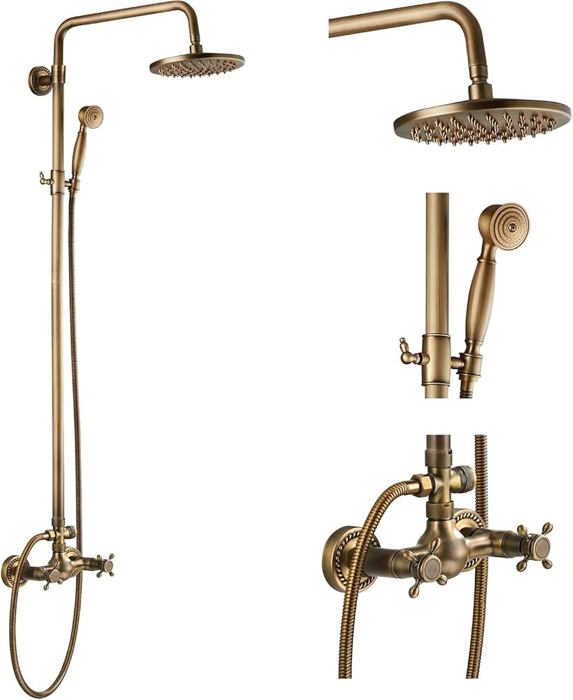 Antique Brass Bathroom Shower Faucet Set Brushed Gold Shower Fixture 8 Inch Rainfall Shower Head ... | Amazon (US)