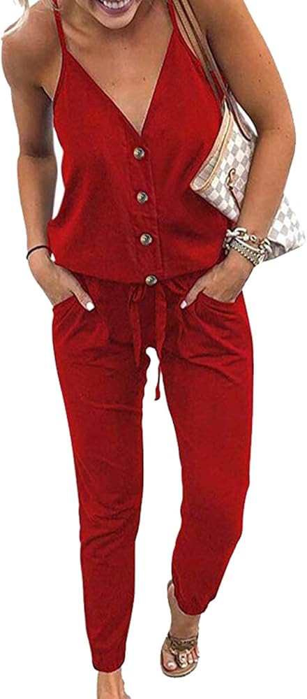 Women’s Sexy Deep V Neck Spaghetti Strap Drawstring Waist Jumpsuit Romper with Pockets | Amazon (US)