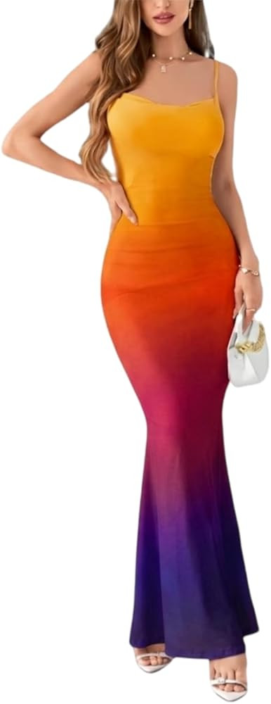 LIGHT DOT Women's Summer Ombre Maxi Dress Mermaid Party Dress Spaghetti Strap Bodycon Cowl Neck | Amazon (US)
