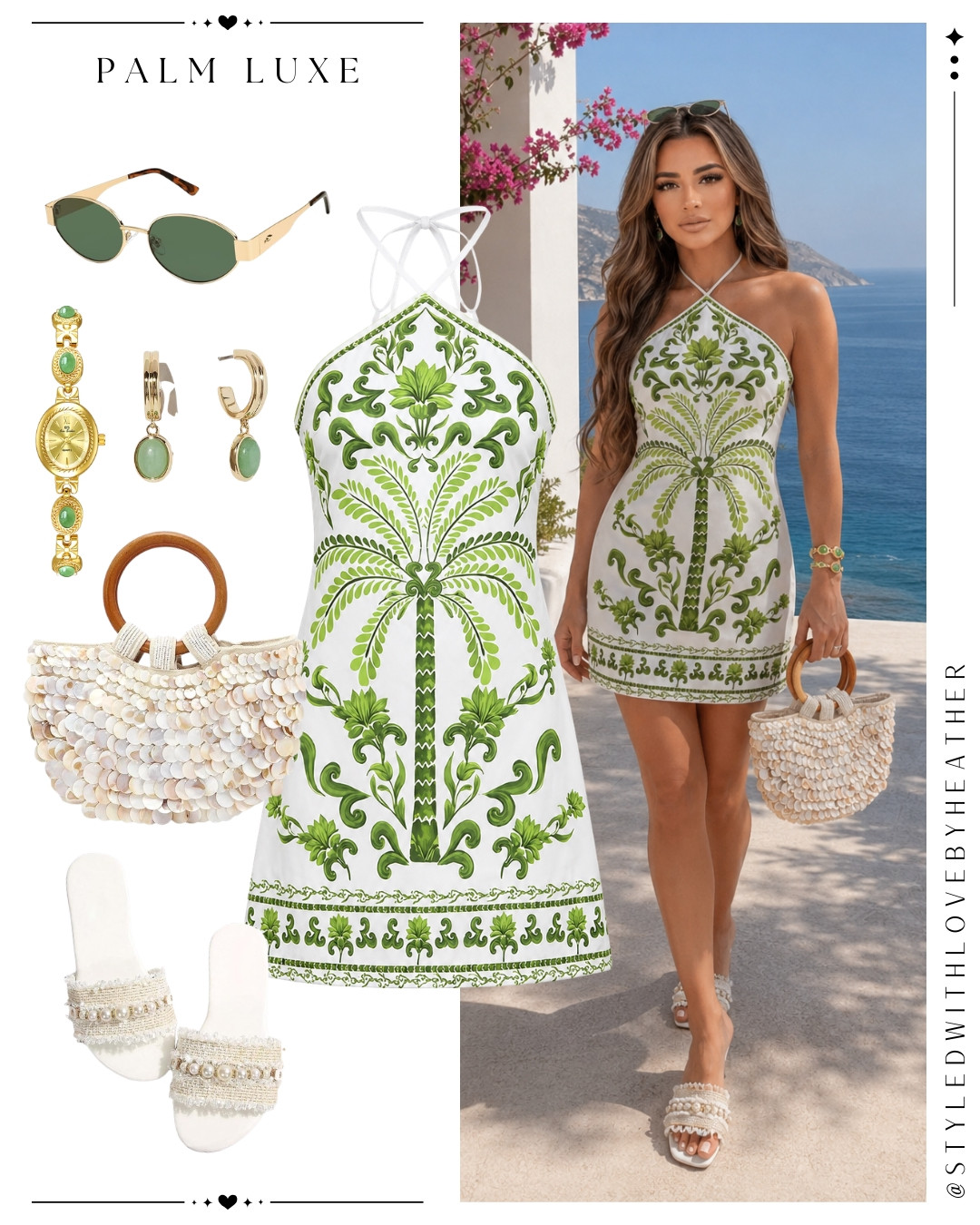 Nothing says vacation like crisp white and tropical green prints. This breezy mini dress looks effortlessly polished with pearl-inspired accessories and woven textures. Save this look for your next resort escape. 

 #LTKootd #LTKPetite #LTKSwim