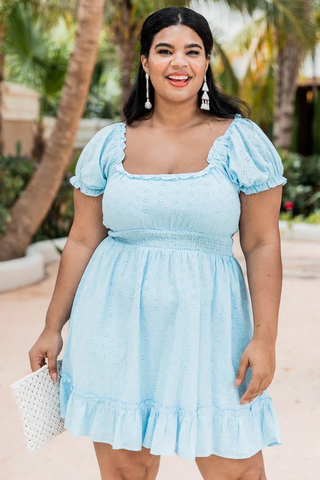 Delighted Smile Blue Eyelet Puff Sleeve Mini Dress | Pink Lily