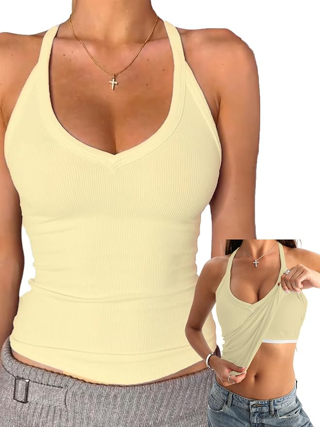 Danysu V Neck Cotton Tank Tops with Built-in Shelf Bra Sleeveless Racerback Fitted Basic Cami Shi... | Amazon (US)