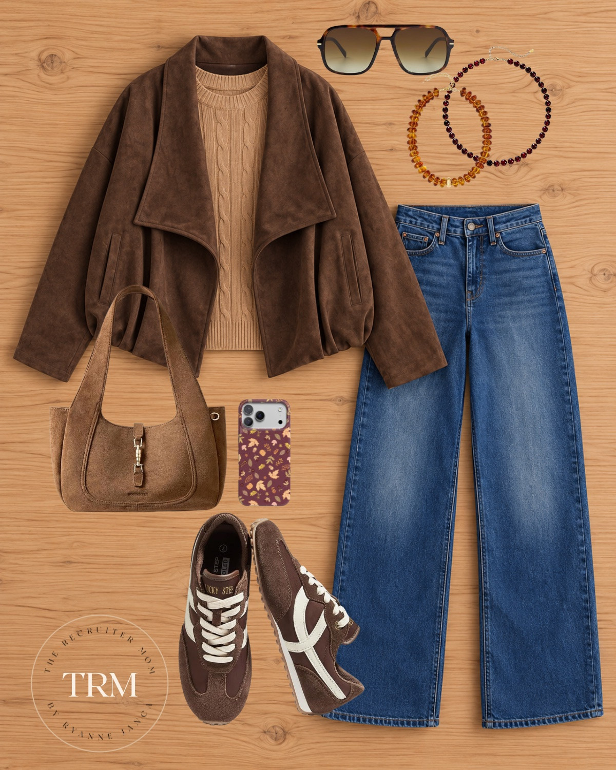 Cozy neutrals and an easy pair of jeans — my fall uniform. 🤎 This waterfall suede jacket over a cable knit with wide-leg denim and retro sneakers is the comfy-cool look for errands, coffee runs, and all the in-between days.