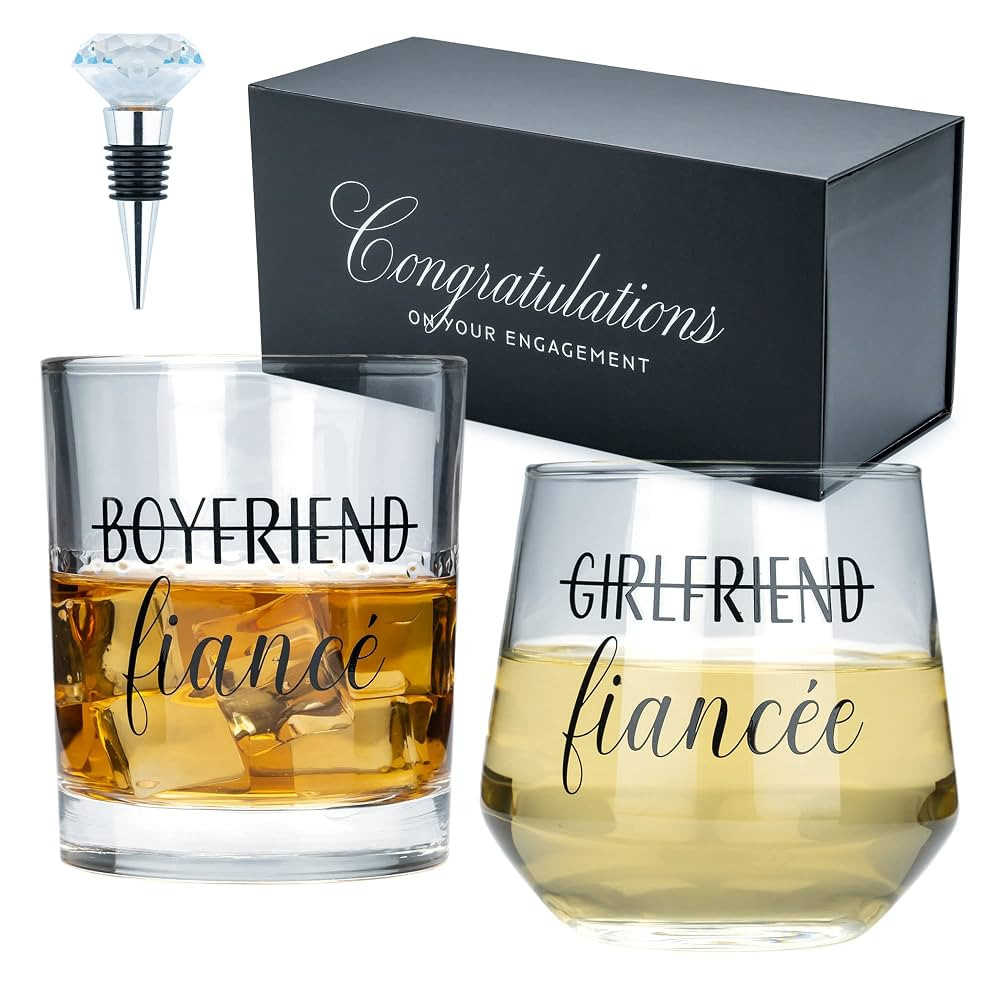 Engagement Gifts for Couples - Unique Fiance Gift for Him or Her! Whiskey Wine Glasses with Diamo... | Amazon (US)