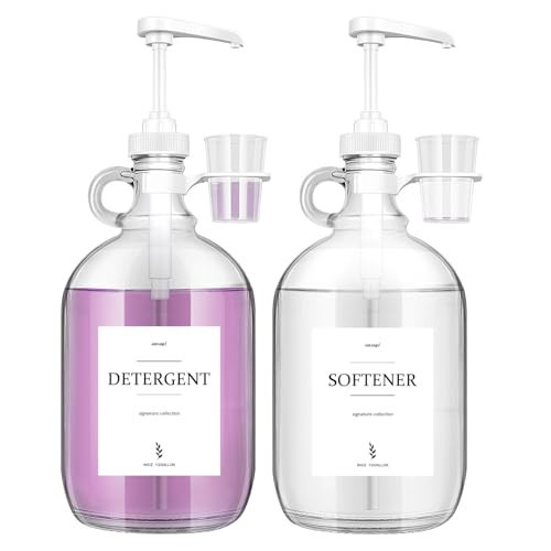 2 Pcs Glass Liquid Laundry Detergent Dispenser with Cup Holders, Half Gallon Dispenser for Laundry Room (64 oz. Each), Laundry Detergent Bottles with Pump Dispenser -Includes Labels, Measuring Cups | Amazon (US)
