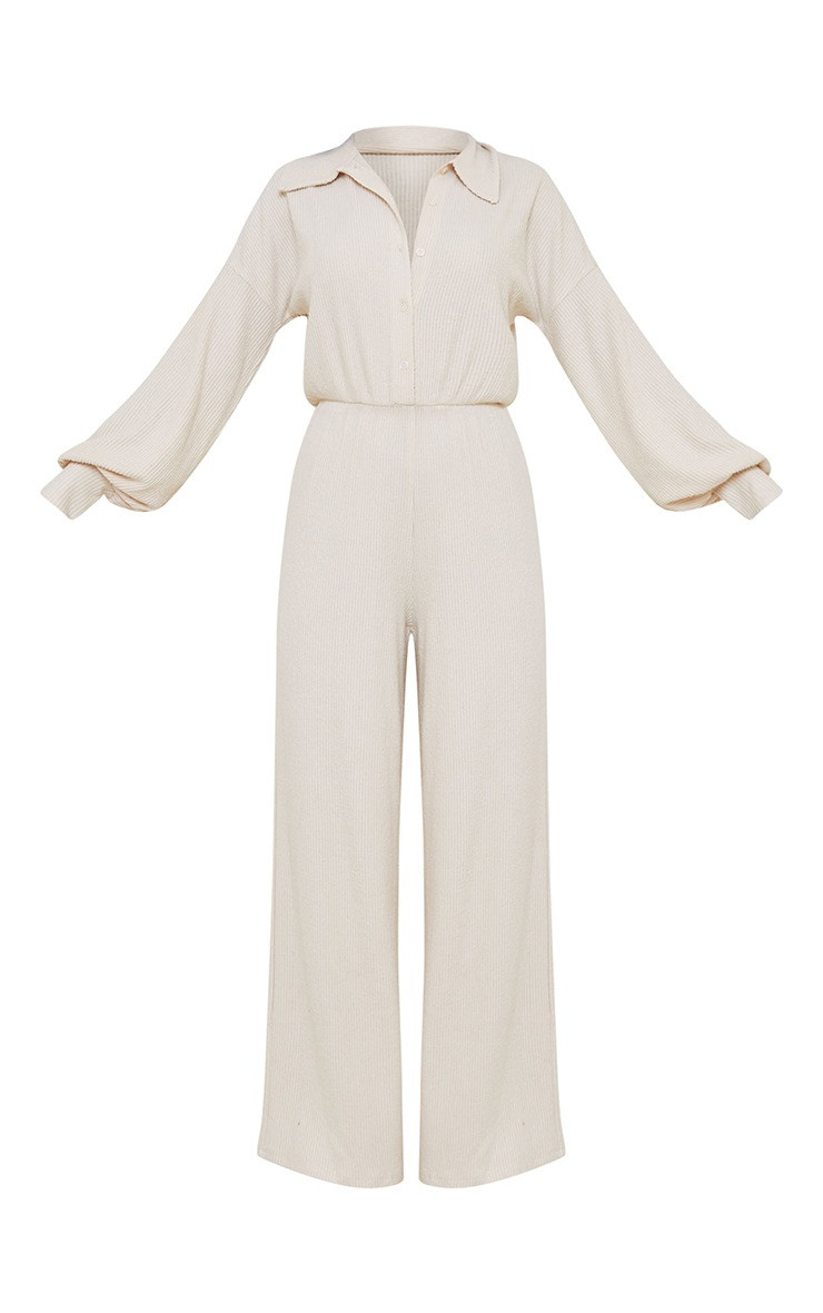 Stone Brushed Rib Shirt Style Jumpsuit | PrettyLittleThing US