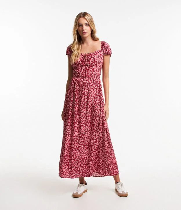 Vestido New Midi em Viscose Floral Liberty com Lastex nas Costas Vermelho | Renner (BR)