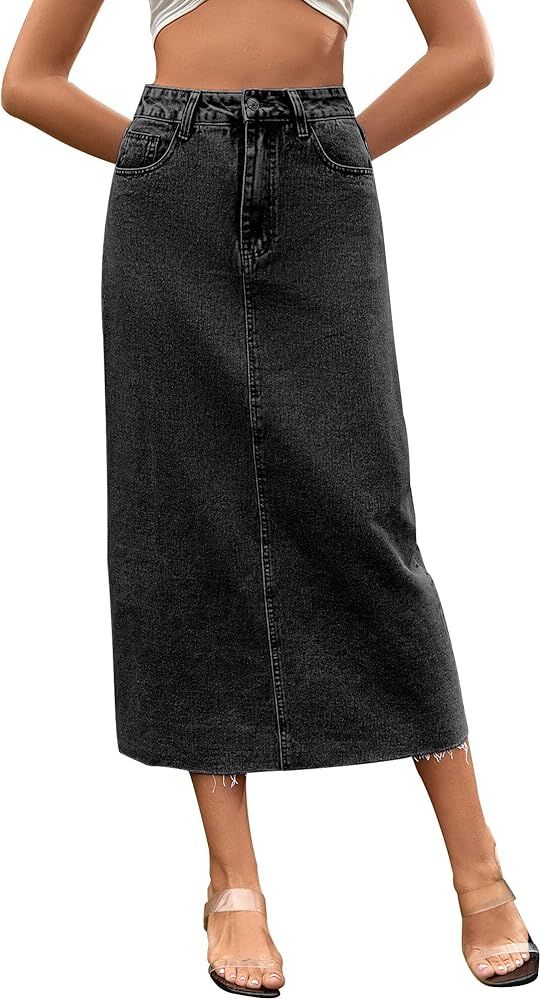 Long Denim Skirts for Women Casual High Waist Frayed Jean Skirt A Line Pencil Washed Skirt | Amazon (CA)