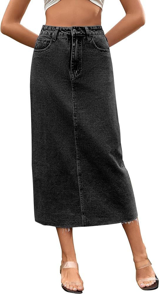 Long Denim Skirts for Women Casual High Waist Frayed Jean Skirt A Line Pencil Washed Skirt | Amazon (CA)