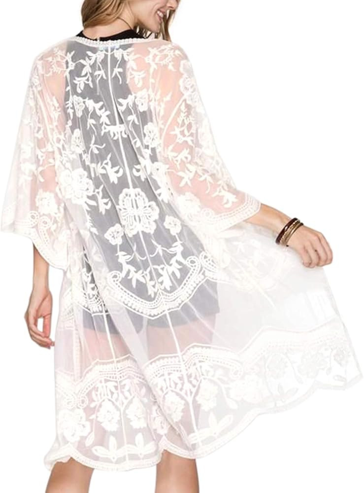 Women's Lace Cardigan Floral Crochet Sheer Beach Cover Ups Long Kimono | Amazon (US)
