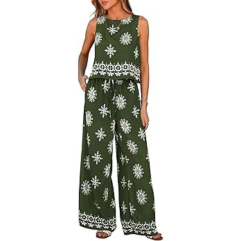 Women's 2026 Summer 2 Piece Lounge Sets Boho Floral Tank Tops Flowy Wide Leg Pants Travel Beach V... | Amazon (US)