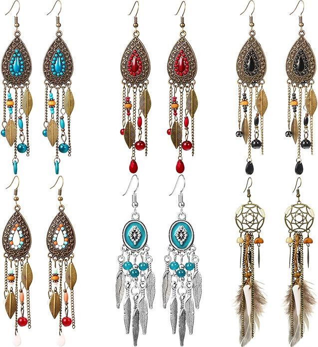 6 Pairs Women Faux Feather Earrings Dream Catcher Earring Bohemian Fringe Tassel Long Drop Dangle... | Amazon (US)