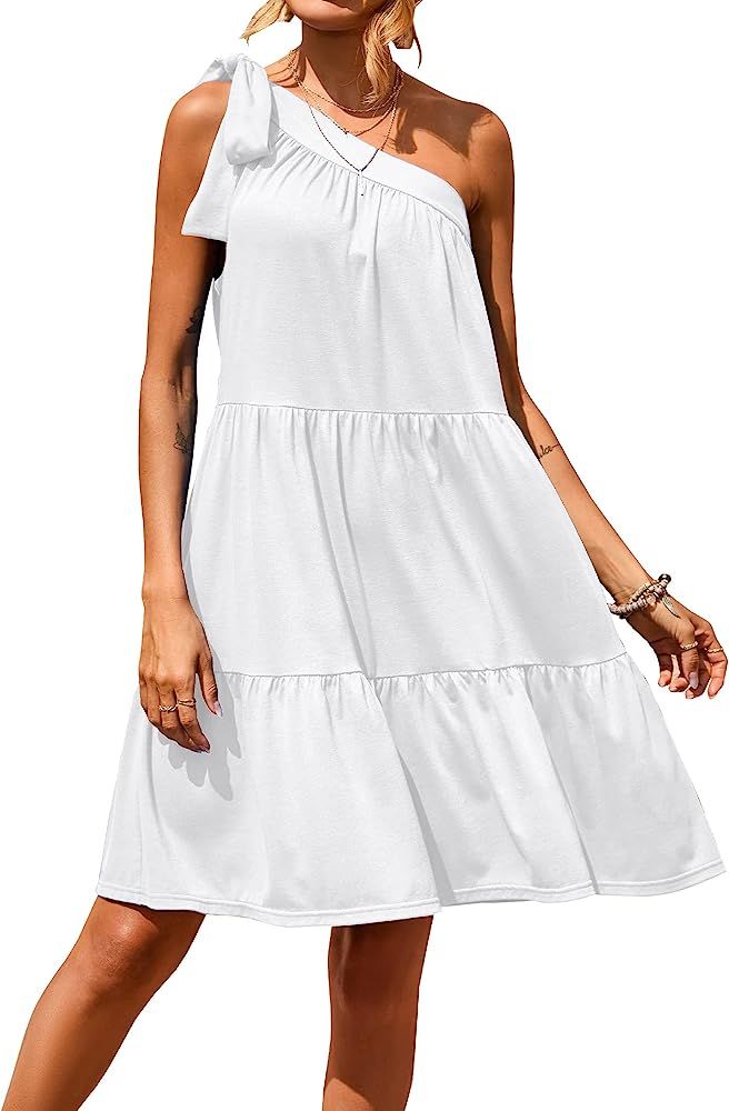 KIRUNDO Women's Summer Casual Dress Solid Tie Bow Knot One Shoulder Mini Dress Sleeveless Ruffle A L | Amazon (US)