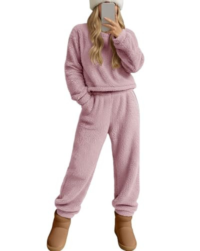 Sweetyweee 2 Piece Women's Fuzzy Pajamas Sets Long Sleeve Crop Top Fleece Pullover Casual Fluffy Pants Loungewear Sleepwear(Smoky Pink,Large) | Amazon (US)