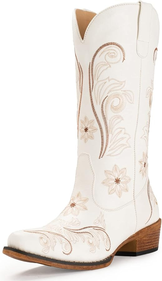 IUV Cowboy Boots For Women Mid Calf Cowgirl Boots Embroidered Pull-On Tabs Snip Toe Boot | Amazon (US)