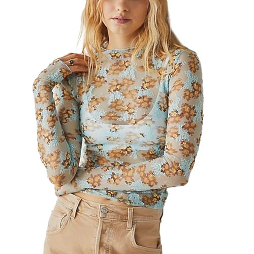 Fabumily Sheer Tops for Women Long Sleeve Mock Neck Lace Mesh Top Sexy See Through Floral Tee Shirts Layering Blouse (Sky Blue, M) | Amazon (US)
