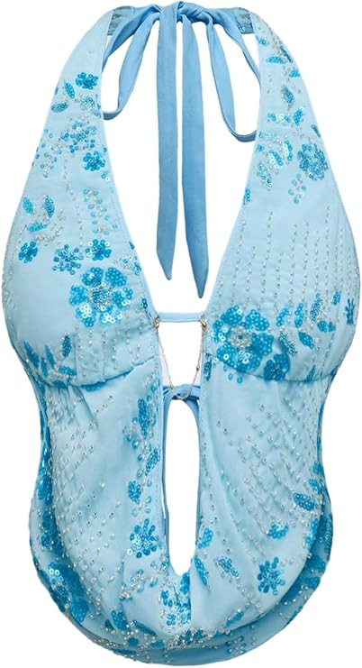 Verdusa Women's Y2K Sequin Cheetah Print Top Halter Going Out Outfits | Amazon (US)