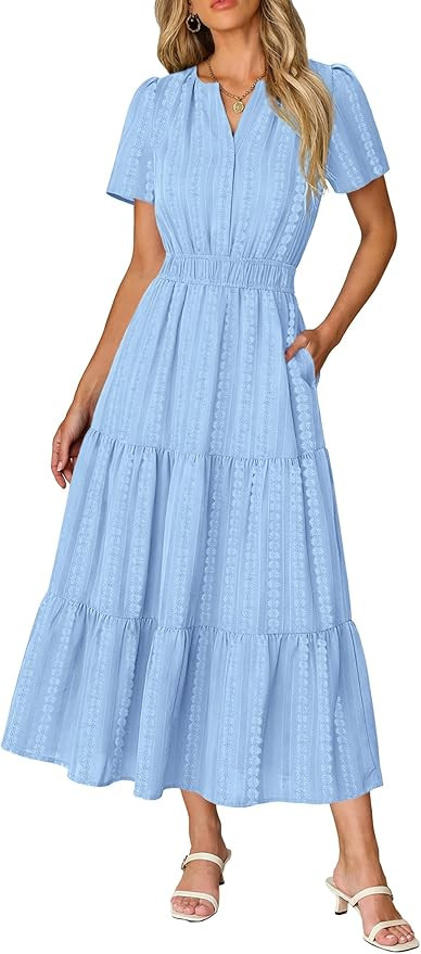 RUMIA Women Casual Midi Maxi Dresses Short Sleeve V Neck Elastic Waist Vacation Dress Pockets（S... | Amazon (US)