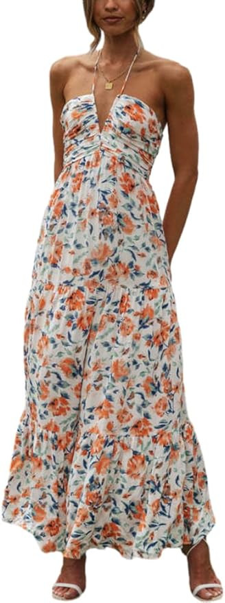 HOULENGS Women's Summer Sleeveless Halter Neck Boho Long Dress Backless Ruffle Hem Tiered Flowy M... | Amazon (US)