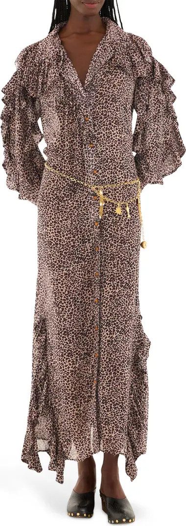 FARM Rio Baby Leopard Ruffle Long Sleeve Maxi Shirtdress | Nordstrom | Nordstrom