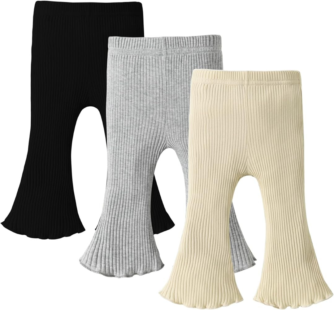 DREAM BUS 3 Pack Baby Girl Pants Toddler Leggings Solid Ribbed Cotton Baby Girls Flare Pants Todd... | Amazon (US)