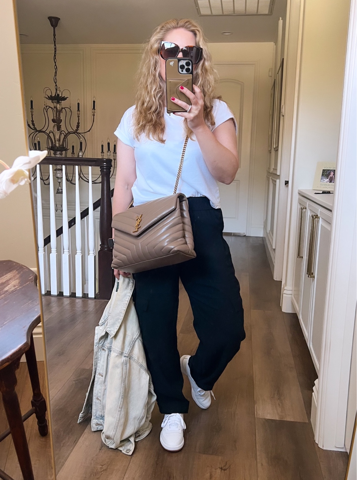 OOTD - cargo pants // rolled sleeved crop top // sneakers // denim jacket // cat eye sunglasses // hoop earrings // Saint Laurent Handbag (medium) 

#LTKitbag #LTKshoecrush #LTKstyletip