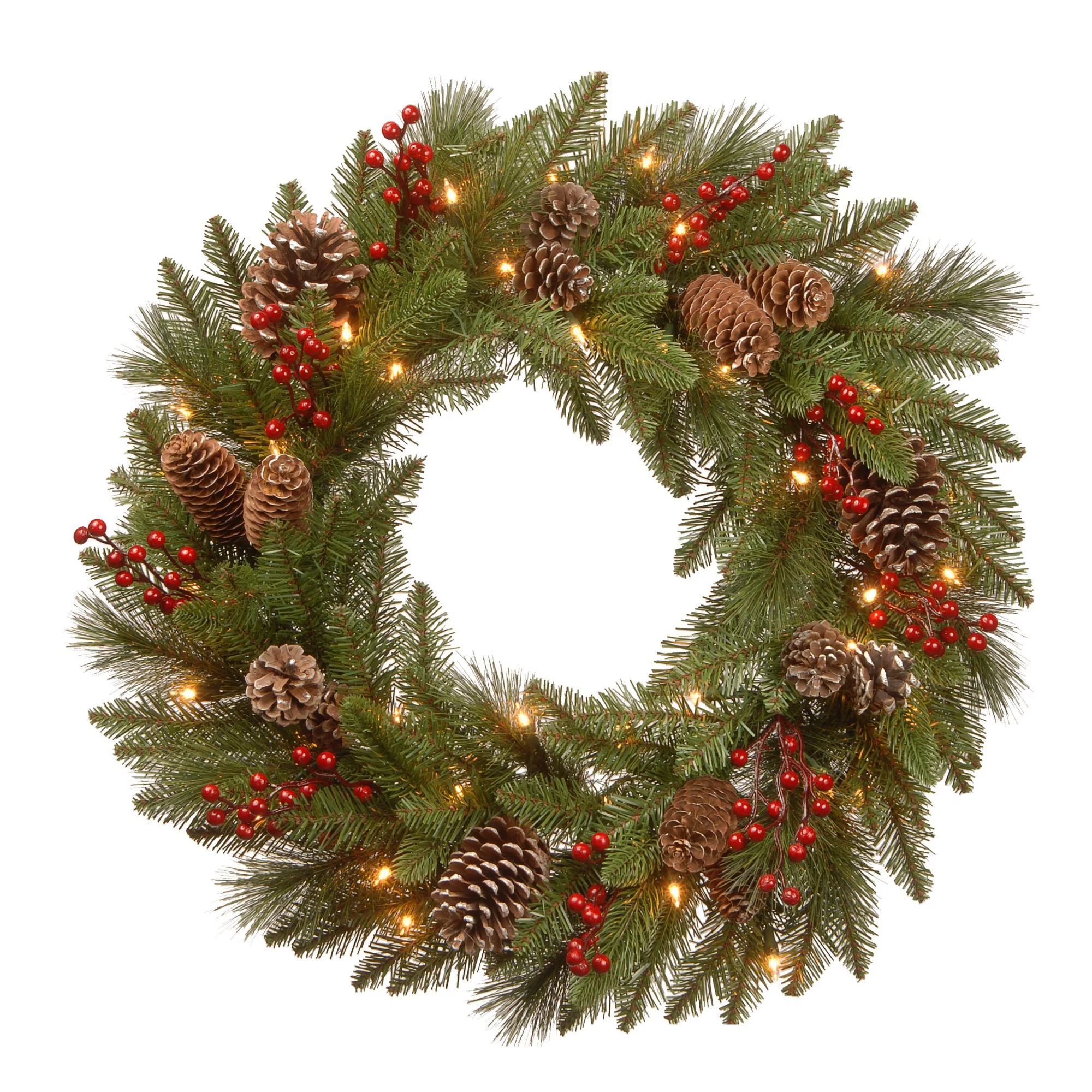 30" Pre-Lit Bristle Berry Battery Operated Artificial Christmas Wreath - Warm White LED Lights - ... | Walmart (US)