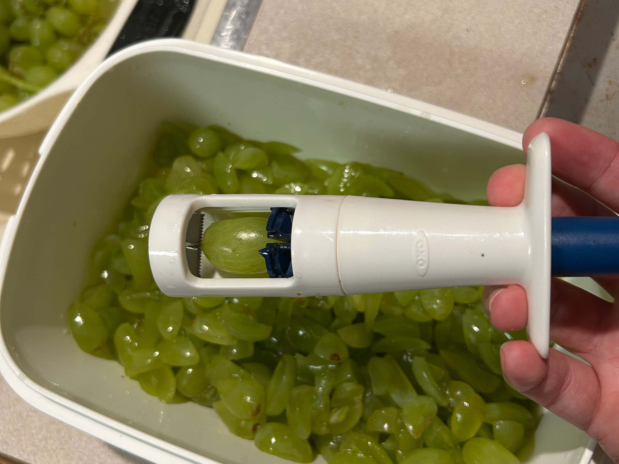 The kitchen gadget that’s worth it: a grape cutter. Pro tip- lots of the pieces come apart for easy dishwasher cleaning