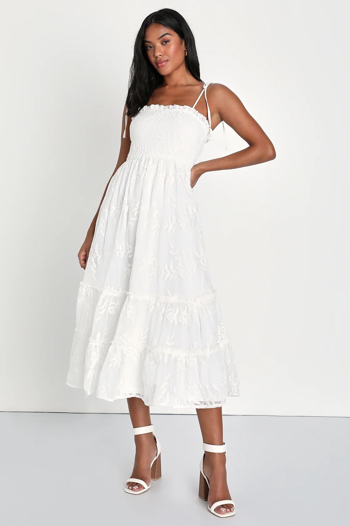 Signs of Love White Embroidered Smocked Tie-Strap Midi Dress | Lulus (US)