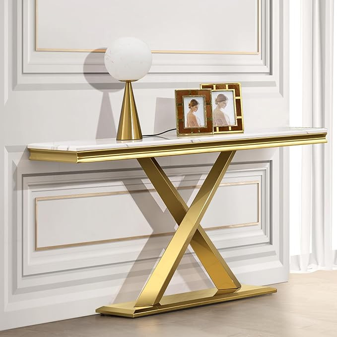 Gold Console Table, 50-inch White and Gold Console Table with Gold Polished Stainless Steel X-Bas... | Amazon (US)