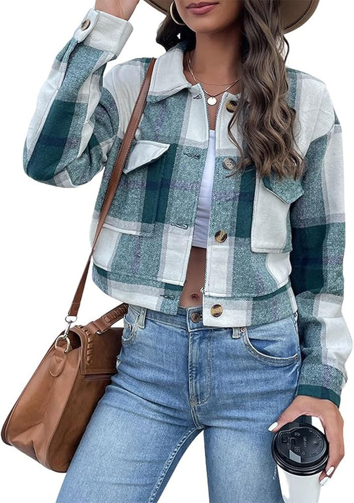 utcoco Womens Cropped Plaid Shacket Jacket Button Down Long Sleeve Flannel Shirts 2024 Fall Coat ... | Amazon (US)