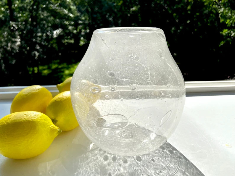 Hand Blown Glass Vase, Clear, Bubbles, Squat Vase, StudioAtPennyLane, Handblown, Frosted Glass, C... | Etsy (US)