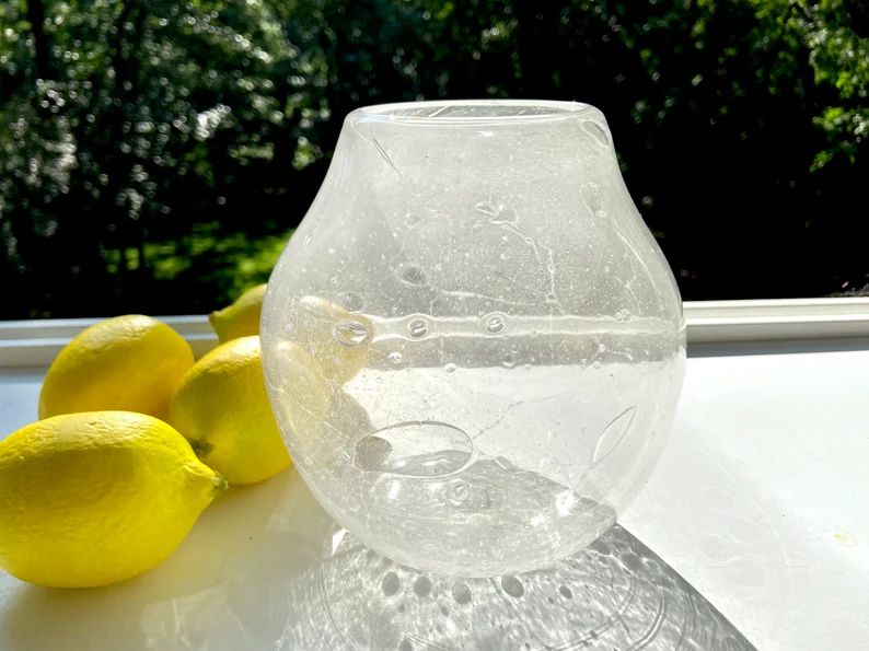 Hand Blown Glass Vase, Clear, Bubbles, Squat Vase, StudioAtPennyLane, Handblown, Frosted Glass, C... | Etsy (US)
