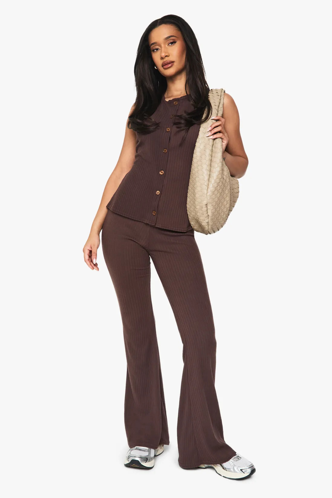 Trouser Co-ords | Rib Button Through Sleeveless Top and Trouser Set | boohoo | Debenhams UK