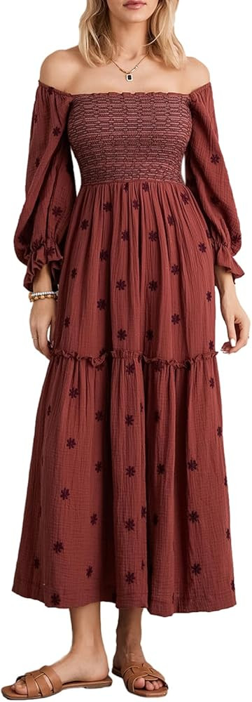 Argeousgor Women 2024 Bohemian Floral Dress Square Neck Ruffle Swing A Line Maxi Dress Long Sleev... | Amazon (US)
