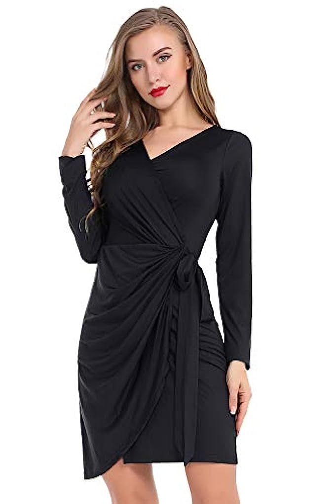 AUQCO Women's Wrap Long Sleeve Slim Bodycon Wear to Work V-Neck Dress | Amazon (US)