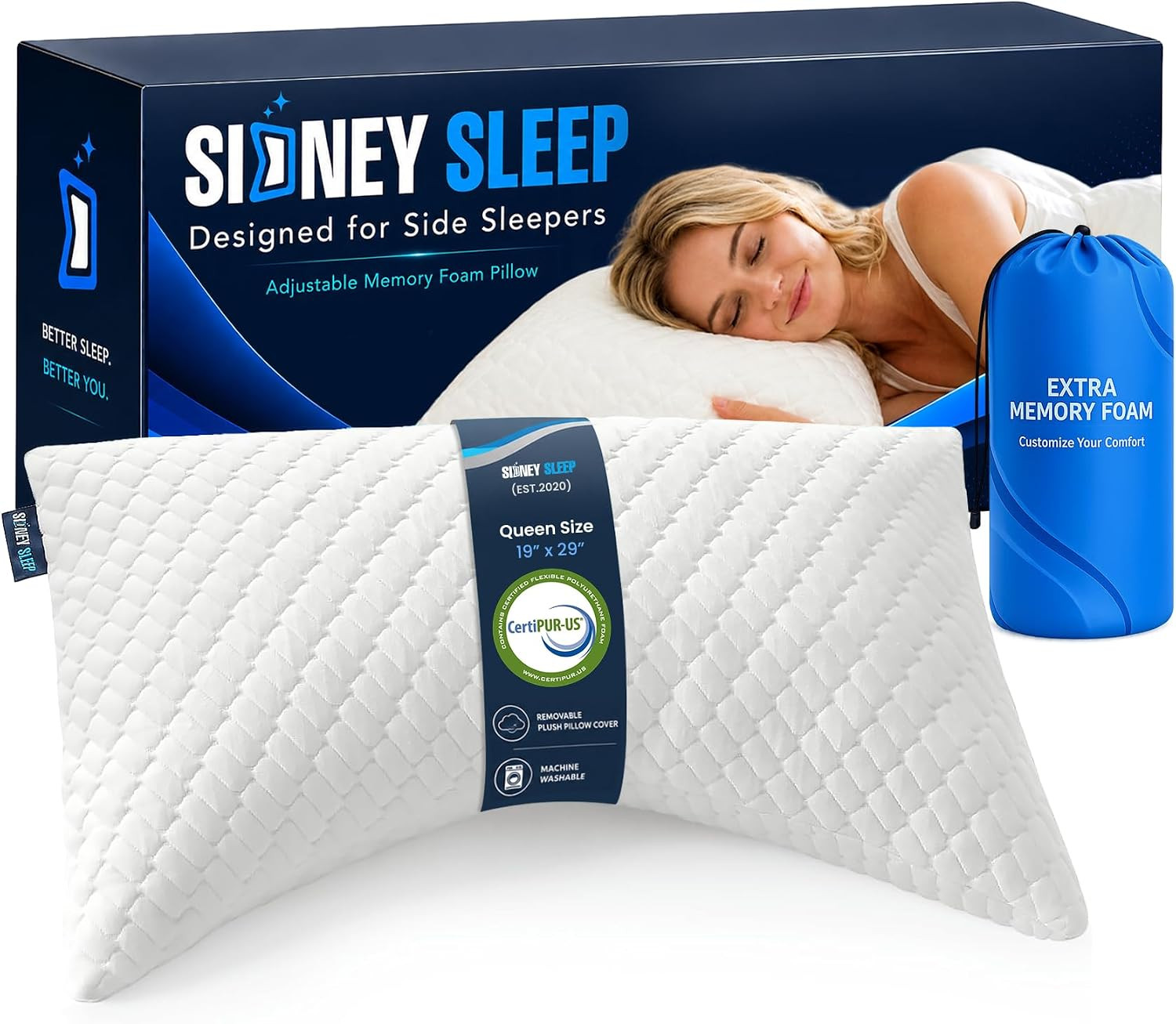 Sidney Sleep Adjustable Curved Pillows for Neck and Shoulder Support with Extra Shredded Fill - Cervical Contour Pillow for Side and Back Sleepers - Queen Size 19" x 29" CertiPUR-US Certified (White) | Amazon (US)