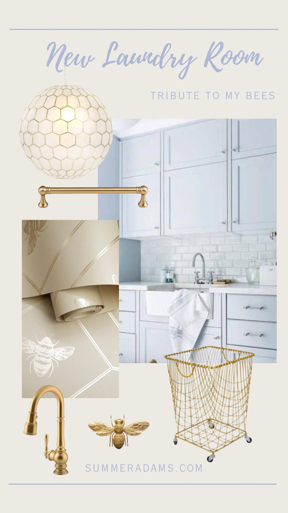 Here’s a little preview of laundry room design for our new build under way! This room is a tribute to my bees. As a beekeeper, I have little hints of bees throughout the home. 🥰 🐝 


Bee wallpaper
Creative Co-op Honeycomb globe light
Blue laundry room cabinets
Gold plumbing, gold hardware
Gold laundry basket on wheels
Gold bee decor 
Cream honeybee wallpaper 


#LTKsalealert #LTKfindsunder100 #LTKhome