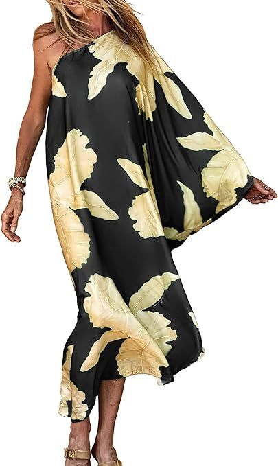 Chunoy Women One Shoulder Loose Caftan Sleeve Asymmetric Hemline Flowy Kaftan Long Cover Up Dress | Amazon (US)