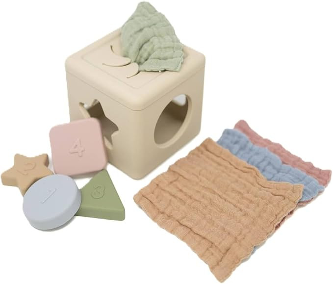 Silicone Shape Sorter & Tissue Box Toy with Organic Muslin Cotton Cloths - Baby Toys for Developm... | Amazon (US)