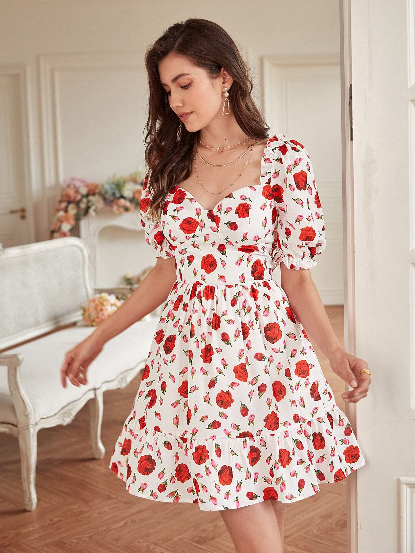 Women's Dress Floral Print Sweetheart Neck Puff Sleeve Dress  | Amazon (US)