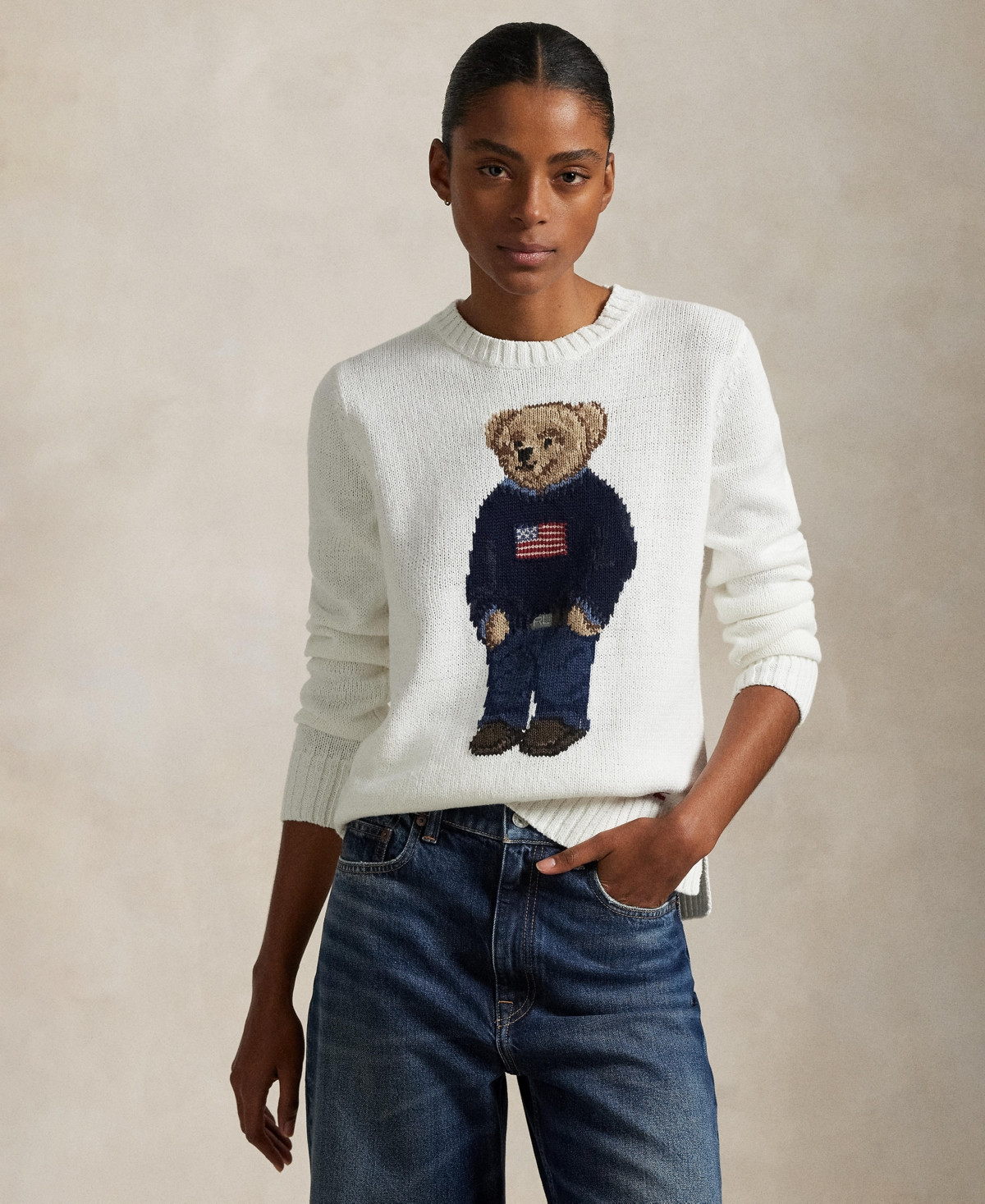 Polo Ralph Lauren Women's Polo Bear Linen-Cotton Crewneck Sweater - White | Macy's